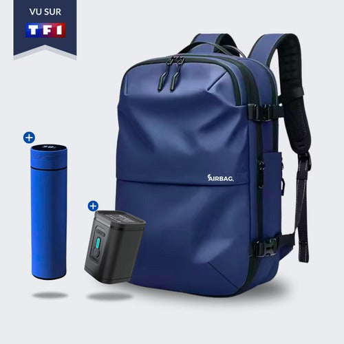 Mochila AirBag Azul Marinho + Sistema de vácuo integrado + Garrafa Inteligente + Bomba de ar portátil