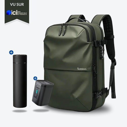 Mochila AirBag Verde Oliva Escuro + Sistema de vácuo integrado + Garrafa Inteligente + Bomba de ar portátil
