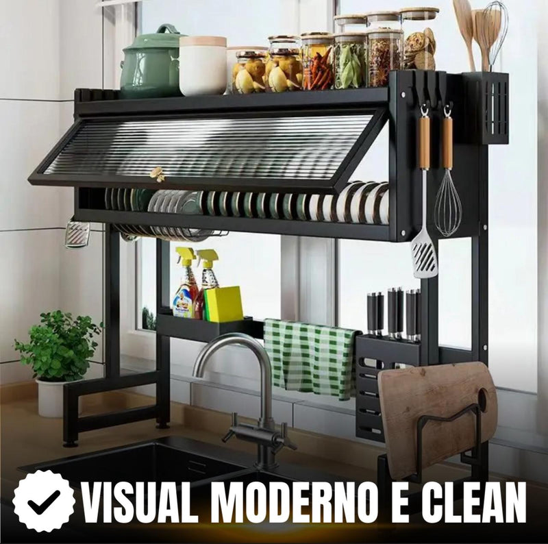 Escorredor De Louça Com Porta Pratos Talheres E Copos 65cm Cor Preto