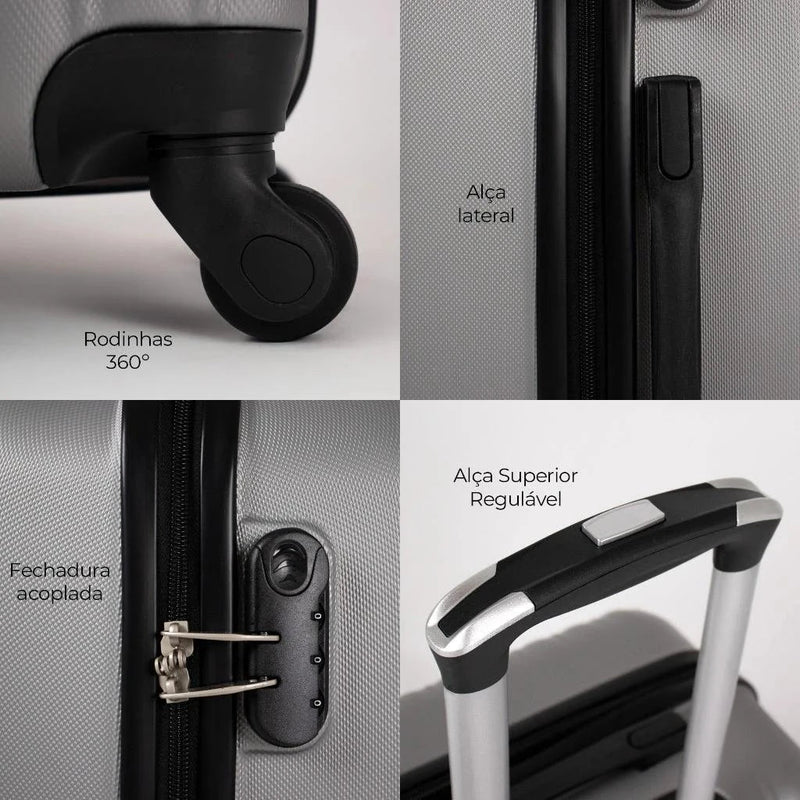 Kit mala de viagem ABS pequena 10kg, média e grande 4 rodas 360º Londres Swiss Move